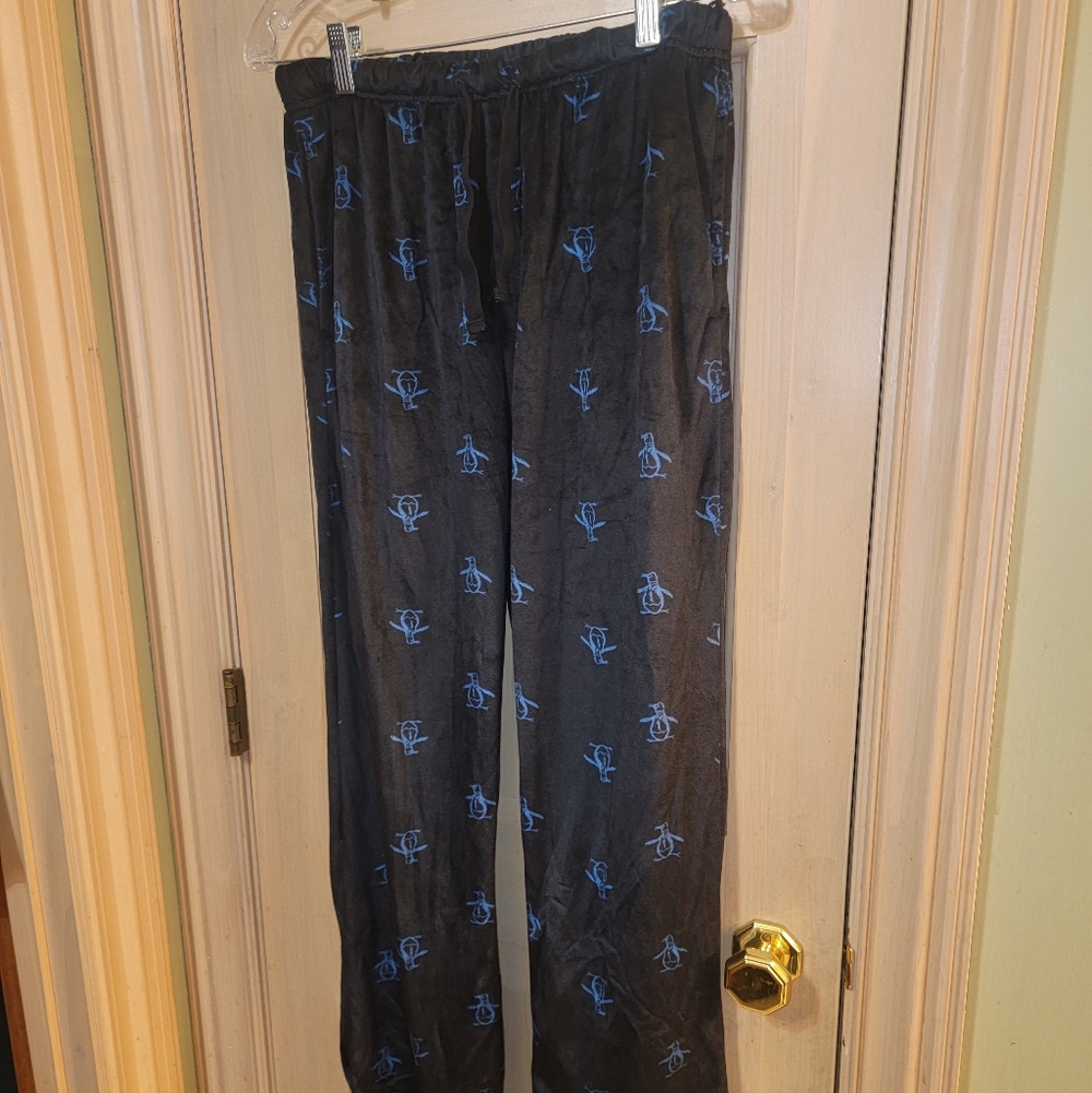 LN Mens Sz M Penguin Pajama Bottoms Pants Velour Like